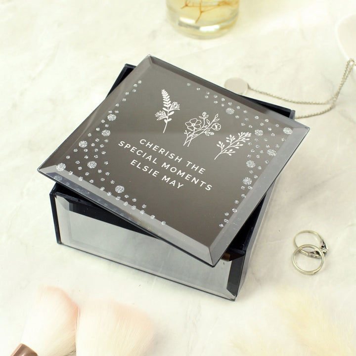 Personalised Floral Diamante Mirrored Trinket Box available to buy at www.giftsfinder.co.uk