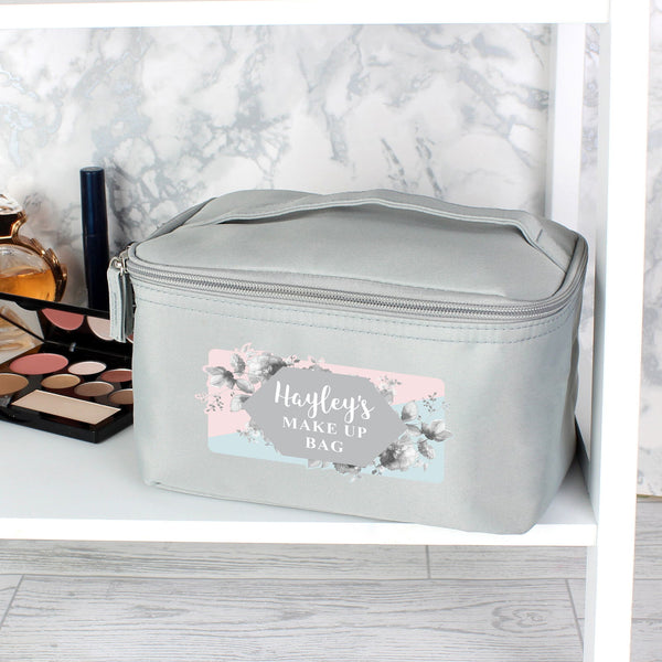 Personalised Floral Grey Vanity bag available to buy at www.giftsfinder.co.uk