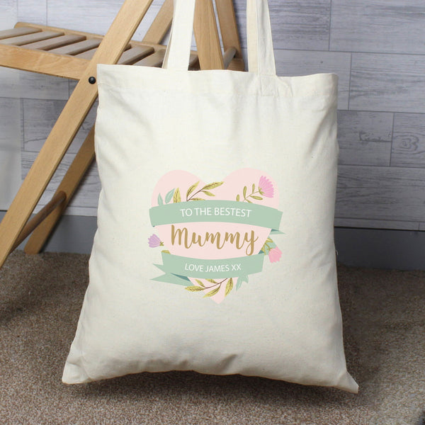 Personalised Floral Heart Mothers Day Cotton Bag available to buy at www.giftsfinder.co.uk