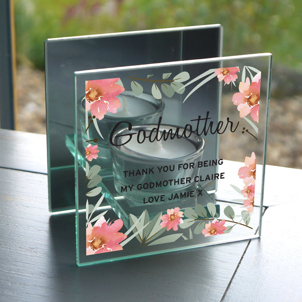 Personalised Floral Sentimental Mirrored Glass Tea Light Candle Holder available to buy at www.giftsfinder.co.uk