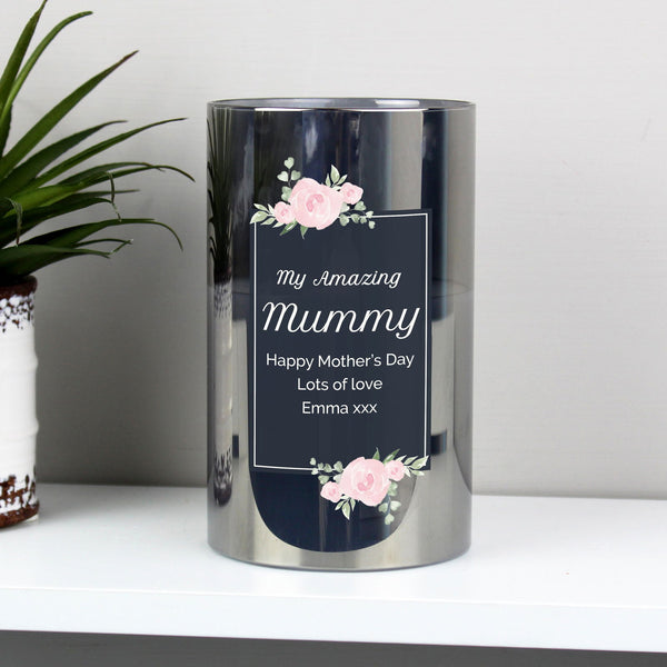 Personalised Floral Smoked Glass LED Candle available to buy at www.giftsfinder.co.uk