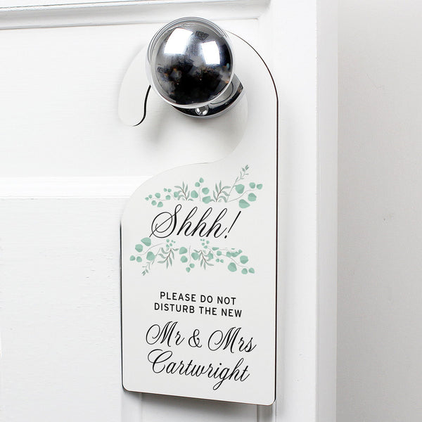 Personalised Floral and Eucalyptus Wedding Door Hanger available to buy at www.giftsfinder.co.uk