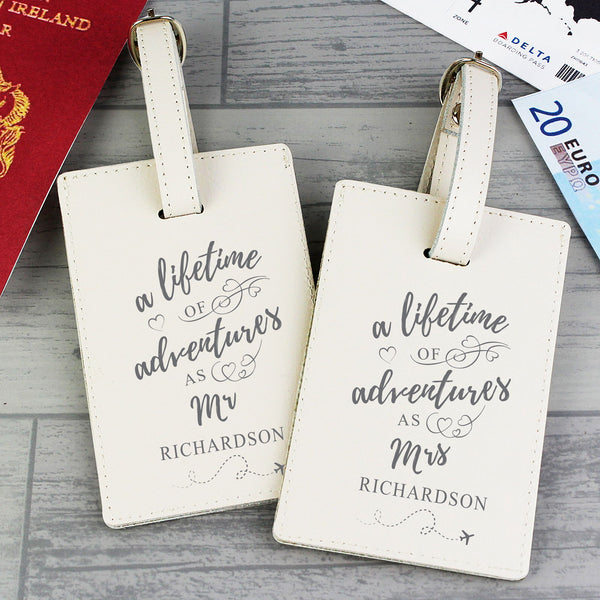 Personalised 'Lifetime of Adventures' Couples Luggage Tags available to buy at www.giftsfinder.co.uk