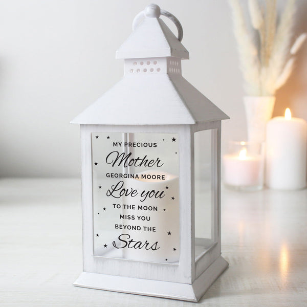 Personalised 'Miss You Beyond The Stars' White Lantern available to buy at www.giftsfinder.co.uk