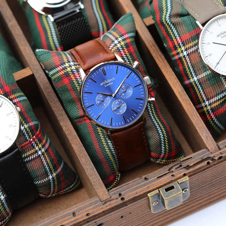 Contactless Payment Watch - Men's Blue Motivator + Walnut Strap + Modern Font Engraving - Wear We Met