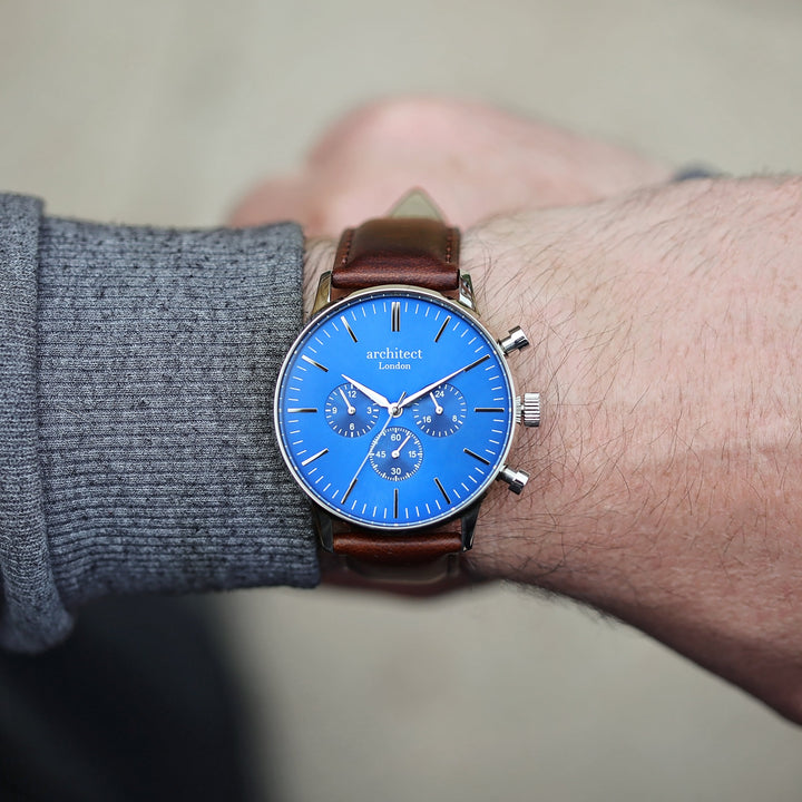 Contactless Payment Watch - Men's Blue Motivator + Walnut Strap + Modern Font Engraving - Wear We Met