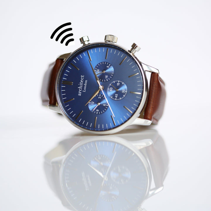 Contactless Payment Watch - Men's Blue Motivator + Walnut Strap + Modern Font Engraving - Wear We Met