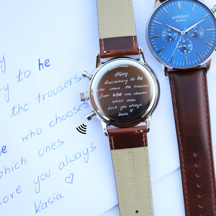 Contactless Payment Watch - Men's Blue Motivator + Walnut Strap + Own Handwriting Engraving - Wear We Met