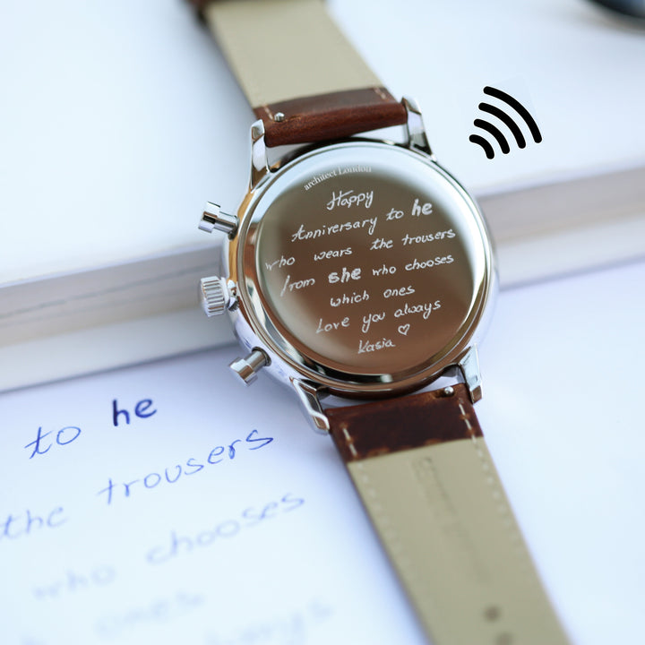 Contactless Payment Watch - Men's Blue Motivator + Walnut Strap + Own Handwriting Engraving - Wear We Met