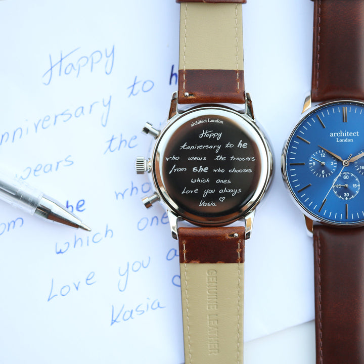 Contactless Payment Watch - Men's Blue Motivator + Walnut Strap + Own Handwriting Engraving - Wear We Met