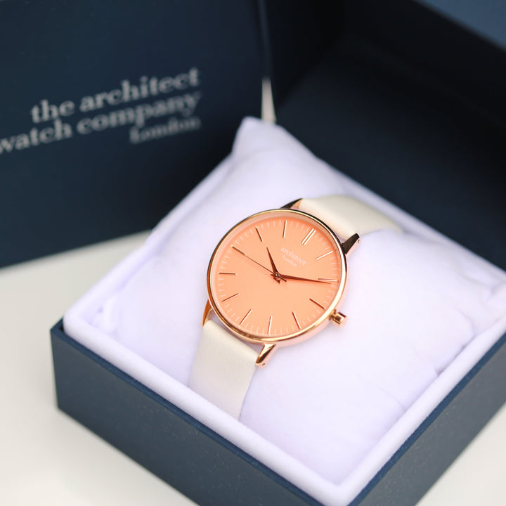 Ladies Archiect Coral - Modern Font Engraving + White Strap - Wear We Met