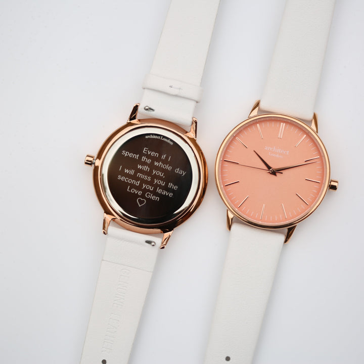 Ladies Archiect Coral - Modern Font Engraving + White Strap - Wear We Met