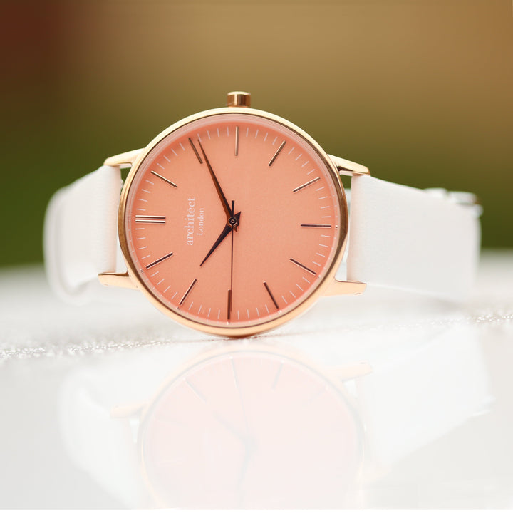 Ladies Archiect Coral - Modern Font Engraving + White Strap - Wear We Met