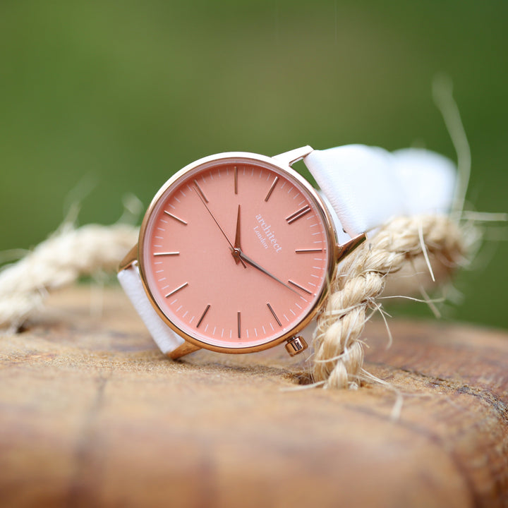 Ladies Archiect Coral - Modern Font Engraving + White Strap - Wear We Met