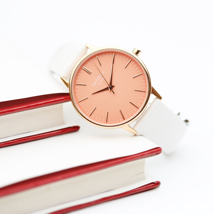 Ladies Archiect Coral - Handwriting Engraving + White Strap - Wear We Met