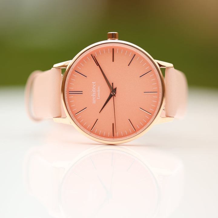 Ladies Archiect Coral - Modern Font Engraving + Light Pink Strap - Wear We Met