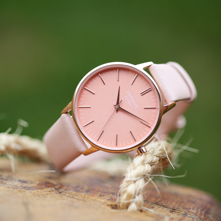 Ladies Archiect Coral - Modern Font Engraving + Light Pink Strap - Wear We Met