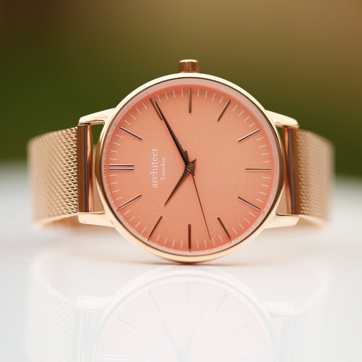 Ladies Archiect Coral - Modern Font Engraving + Rose Gold Mesh Strap - Wear We Met