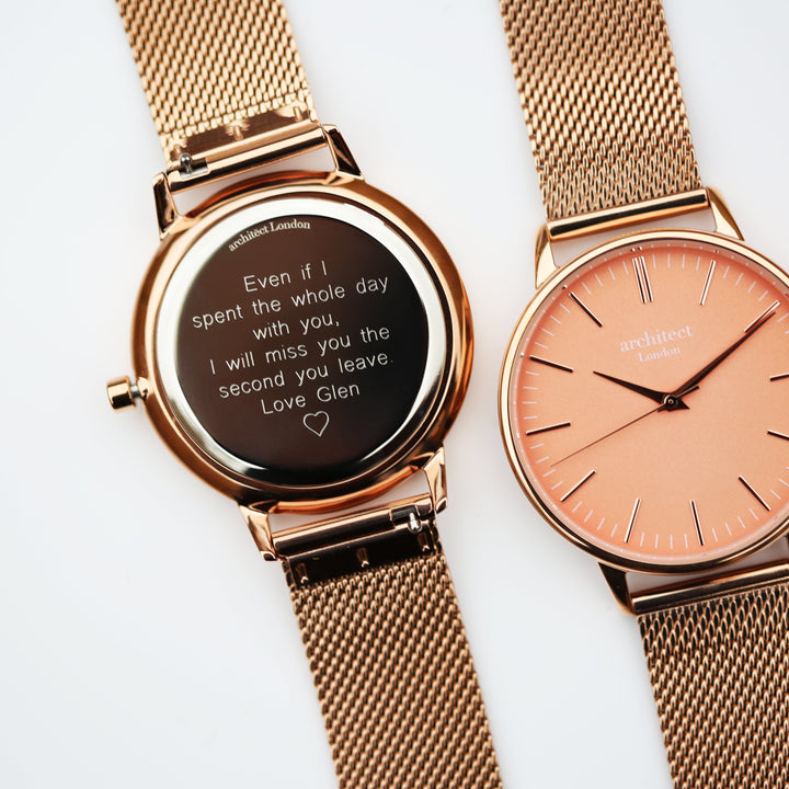 Ladies Archiect Coral - Modern Font Engraving + Rose Gold Mesh Strap - Wear We Met