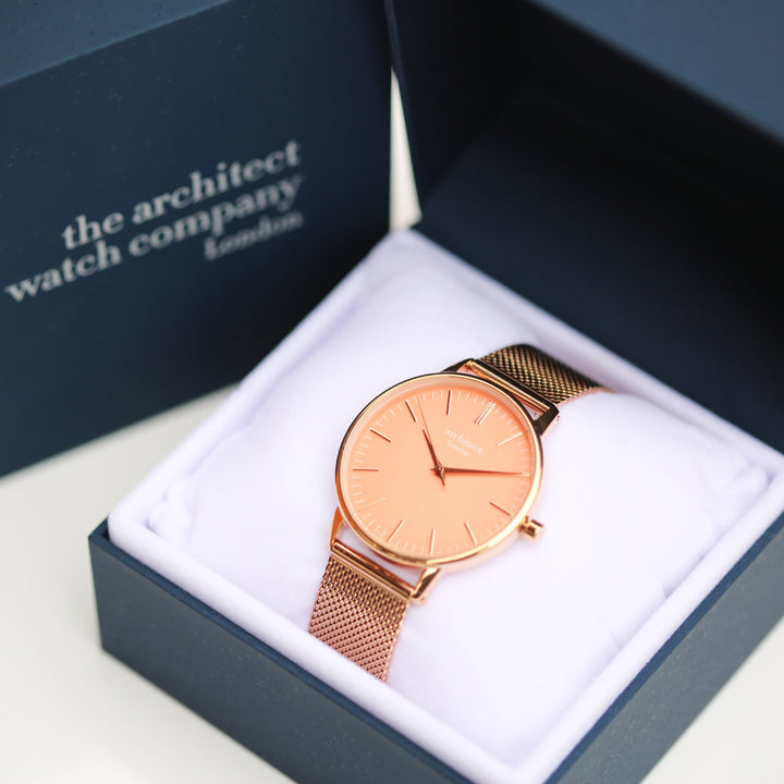 Ladies Archiect Coral - Modern Font Engraving + Rose Gold Mesh Strap - Wear We Met