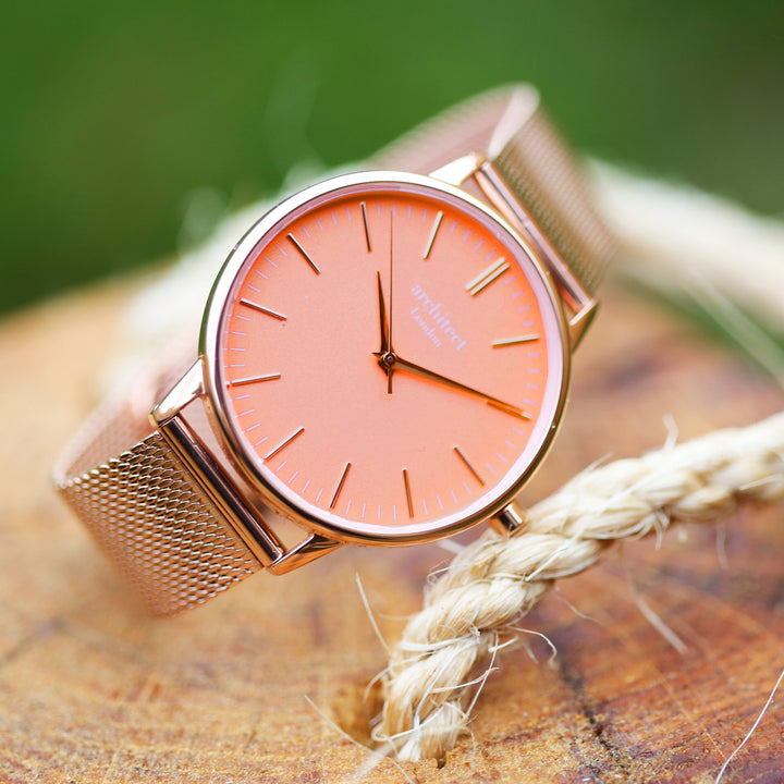 Ladies Archiect Coral - Modern Font Engraving + Rose Gold Mesh Strap - Wear We Met