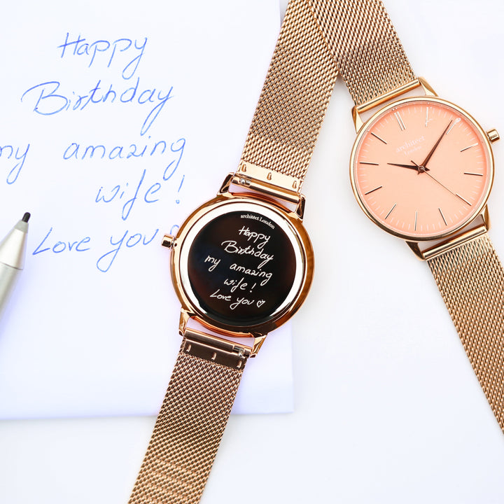 Ladies Archiect Coral - Handwriting Engraving + Rose Gold Mesh Strap - Wear We Met