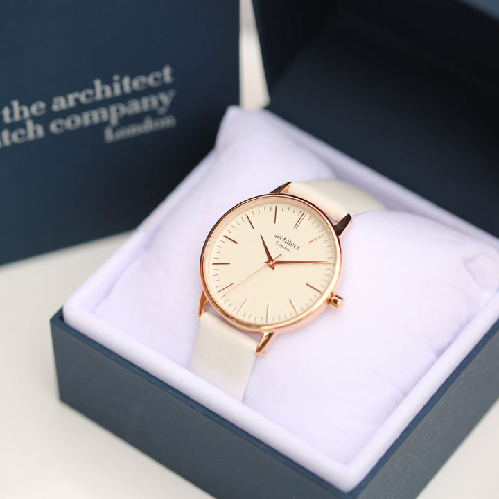 Ladies Archiect Blanc - Modern Font Engraving + White Strap - Wear We Met