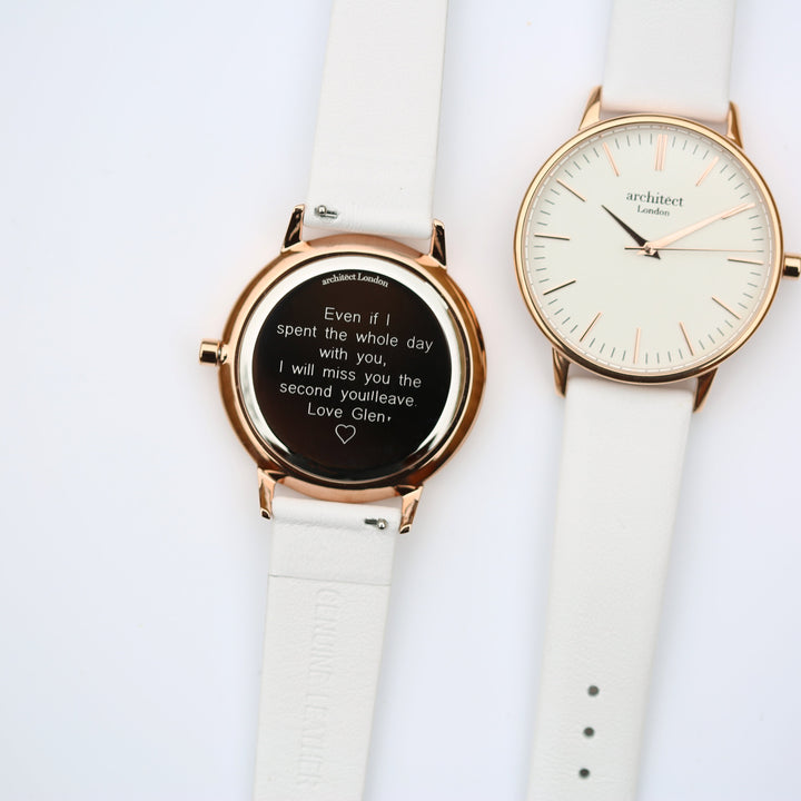 Ladies Archiect Blanc - Modern Font Engraving + White Strap - Wear We Met