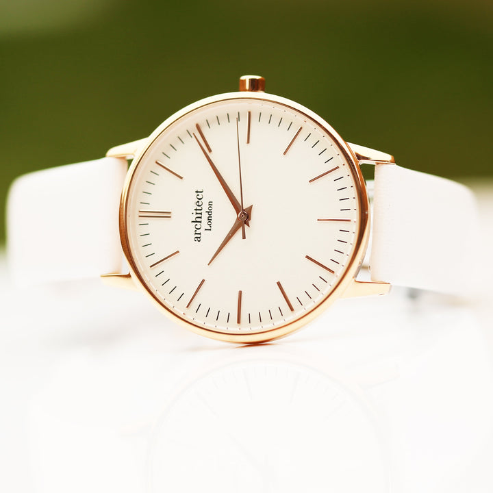 Ladies Archiect Blanc - Modern Font Engraving + White Strap - Wear We Met