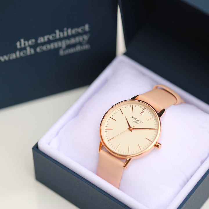 Ladies Archiect Blanc - Modern Font Engraving + Light Pink Strap - Wear We Met