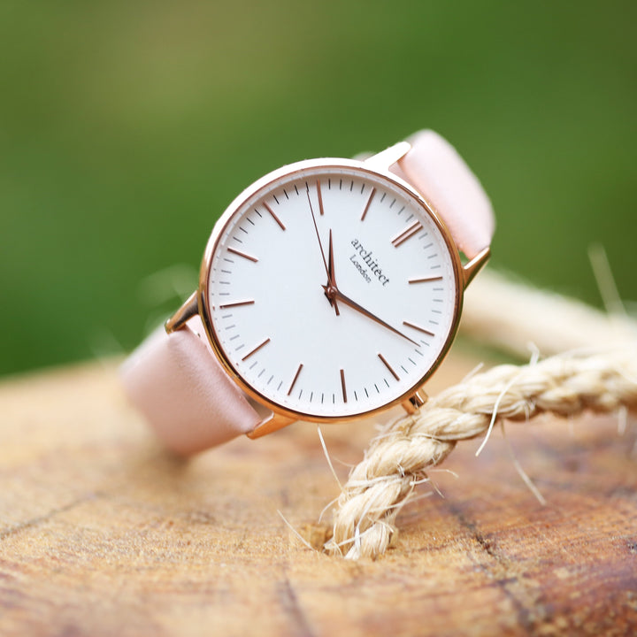 Ladies Archiect Blanc - Modern Font Engraving + Light Pink Strap - Wear We Met