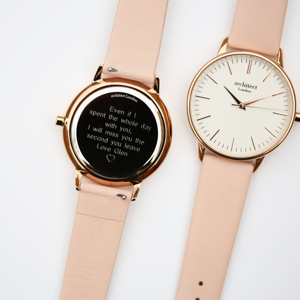 Ladies Archiect Blanc Modern Font Engraving + Light Pink Strap 