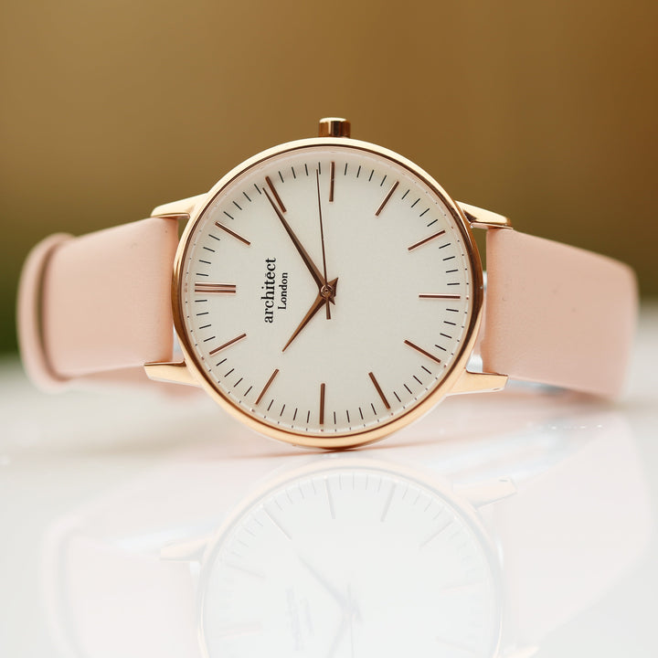 Ladies Archiect Blanc - Modern Font Engraving + Light Pink Strap - Wear We Met