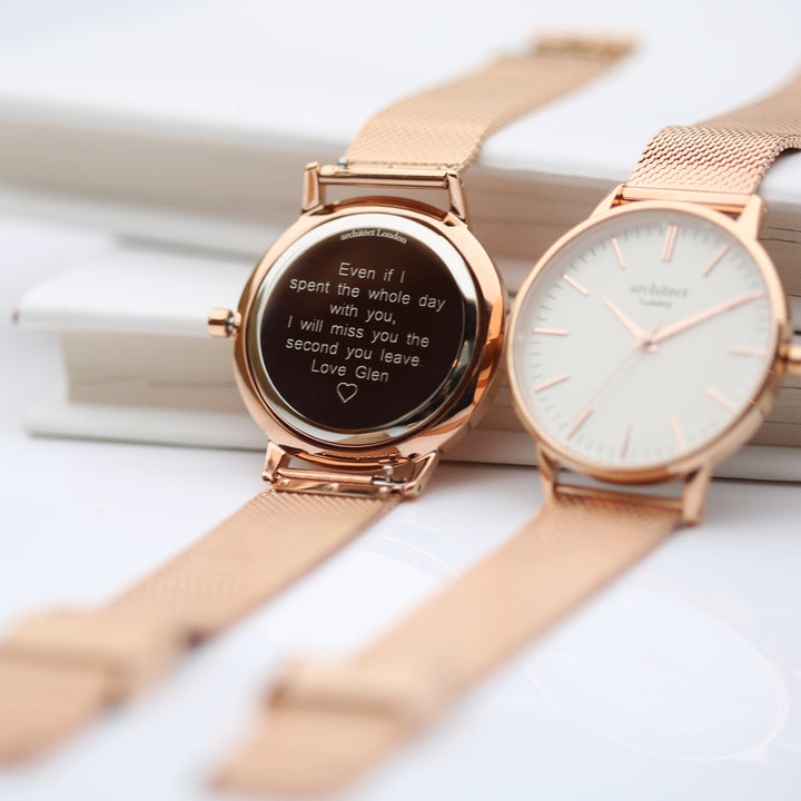 Ladies Archiect Blanc - Modern Font Engraving + Rose Gold Mesh Strap - Wear We Met