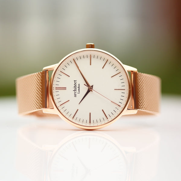 Ladies Archiect Blanc - Modern Font Engraving, Rose Gold Mesh Strap - part of the Personalised Watches collection