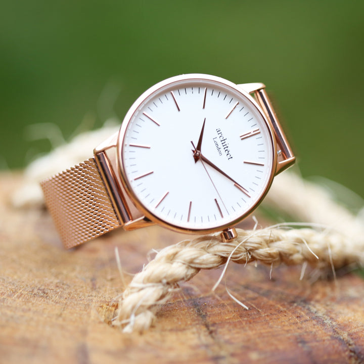 Ladies Archiect Blanc - Modern Font Engraving + Rose Gold Mesh Strap - Wear We Met