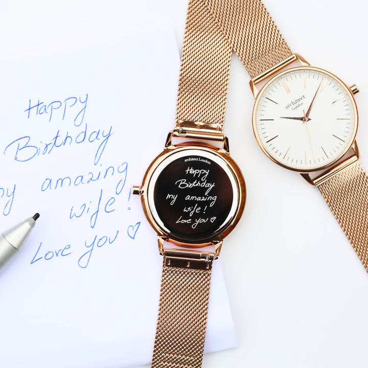 Ladies Archiect Blanc - Handwriting Engraving + Rose Gold Mesh Strap - Wear We Met