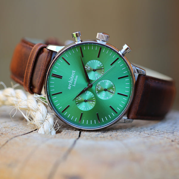 Men's Architect Motivator In Envy Green With Walnut Strap Modern Font Engraving 