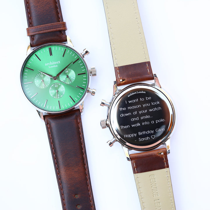 Men's Architect Motivator In Envy Green With Walnut Strap - Modern Font Engraving - Wear We Met