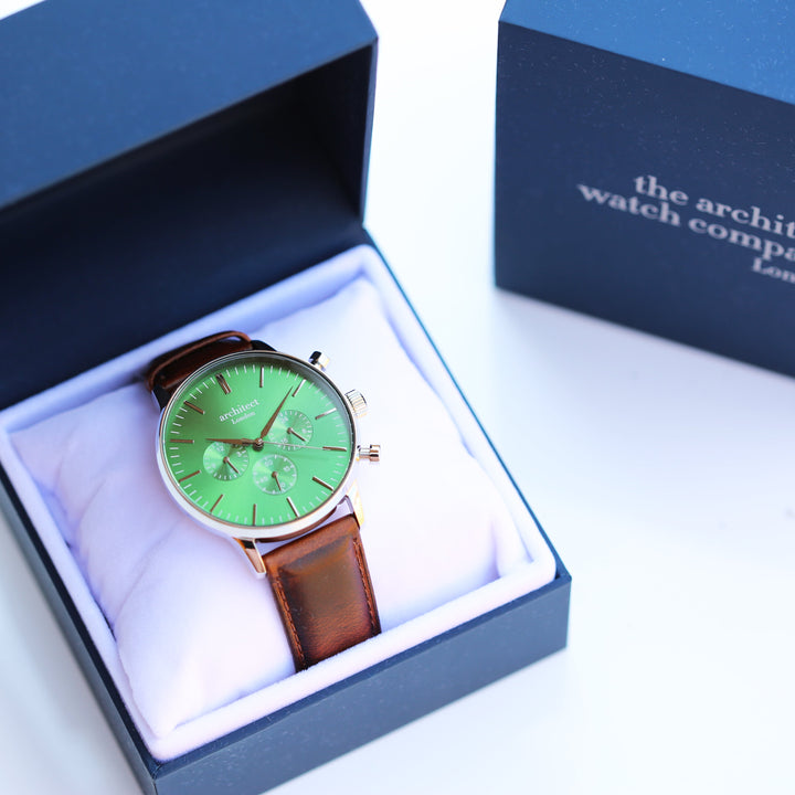 Contactless Payment Watch - Men's Envy Green Motivator + Walnut Strap + Modern Font Engraving - Wear We Met