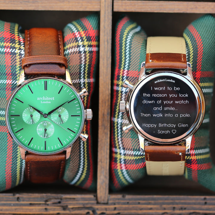 Men's Architect Motivator In Envy Green With Walnut Strap - Modern Font Engraving - Wear We Met