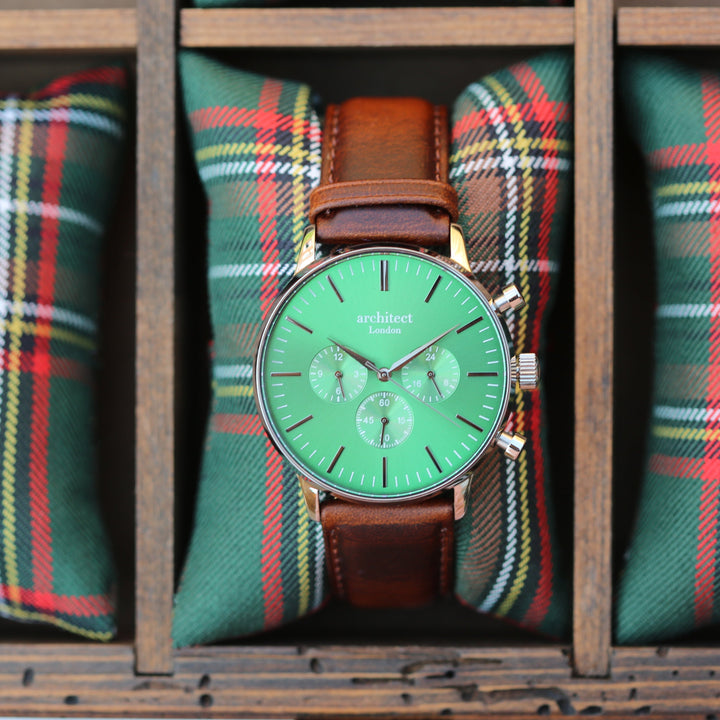 Men's Architect Motivator In Envy Green With Walnut Strap - Modern Font Engraving - Wear We Met