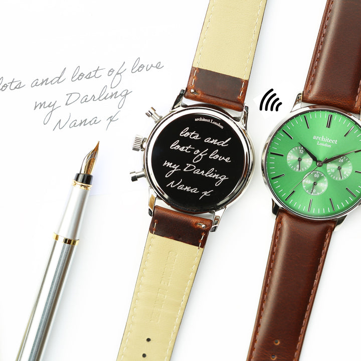 Contactless Payment Watch Men's Green Motivator + Walnut Strap + Own Handwriting Engraving 