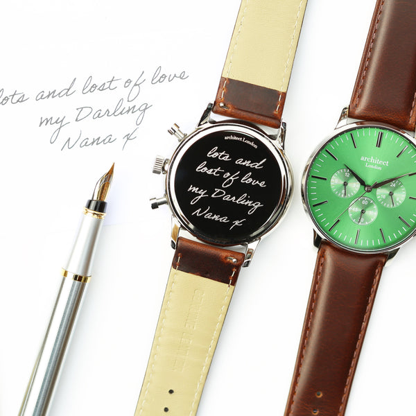 Handwriting Engraving Men's Architect Motivator Green Face Walnut Strap 