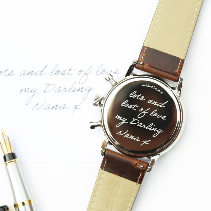 Contactless Payment Watch - Men's Green Motivator + Walnut Strap + Own Handwriting Engraving - Wear We Met