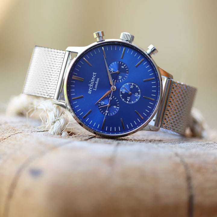 Men's Architect Motivator In Blue With Silver Mesh Strap - Modern Font Engraving - Wear We Met