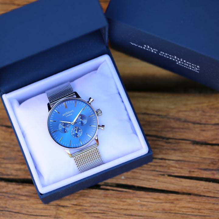 Men's Architect Motivator In Blue With Silver Mesh Strap - Modern Font Engraving - Wear We Met