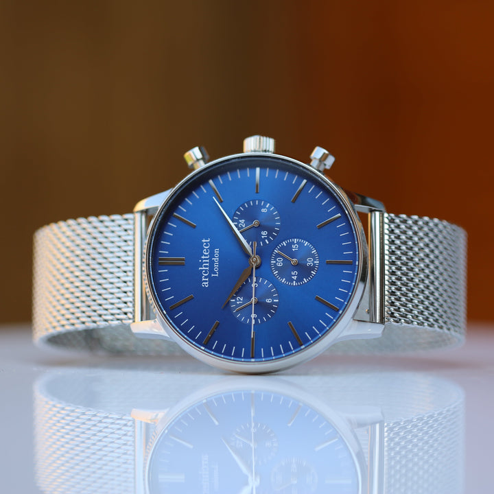 Men's Architect Motivator In Blue With Silver Mesh Strap - Modern Font Engraving - Wear We Met