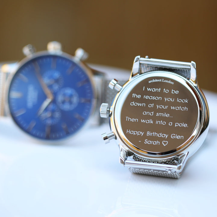 Men's Architect Motivator In Blue With Silver Mesh Strap - Modern Font Engraving - Wear We Met