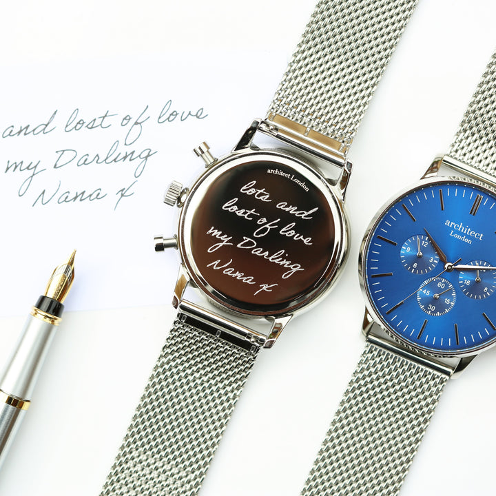 Handwriting Engraving Men's Architect Motivator Blue Face Silver Strap 